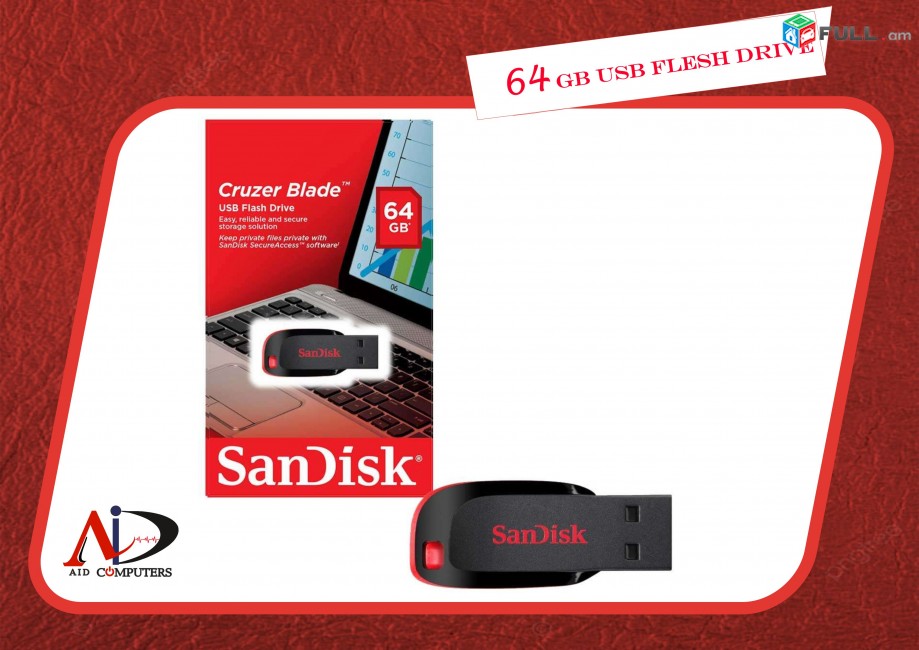 Fleshka 64 GB  SanDisk Cruzer Blade USB 2.0 հիշողության չիպ flesh կրիչ флешка Ֆլեշկա Նոր բարձրորակ