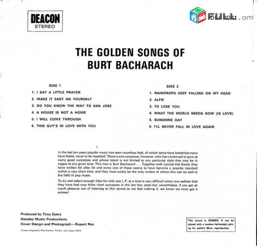 VINYL Ձայնապնակներ The Golden Songs Of Burt Bacharach Sարբեր տեսակի ալբոմներ