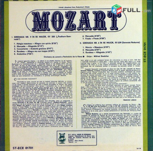 VINYL Ձայնապնակներ Mozart - Orchestra De Cameră - Sարբեր տեսակի ալբոմներ