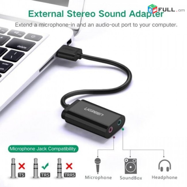 USB AUDIO SOUND CARD Ugreen Germany 3,5 mm микрофон аудио адаптер звуковая карта ձայնային քարտ
