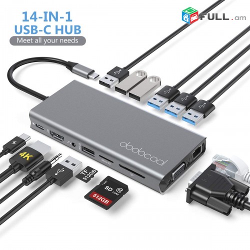 USB C HUB Adapter 14 in 1 with 4K HDMI, VGA, 100W PD, Gigabit Ethernet, SD/TF Card Reader, Type C