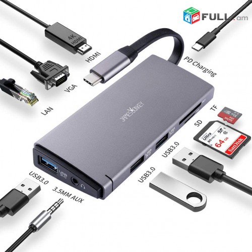 USB C HUB,USB C 10 in 1 Type C to VGA HDMI USB 3 TF SD LAN AUX TypeC