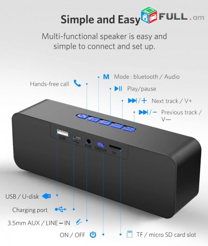 Bluetooth 5.0 Speaker, Dinamik, Basavik, Usilitel, Mp3 Player, 10W