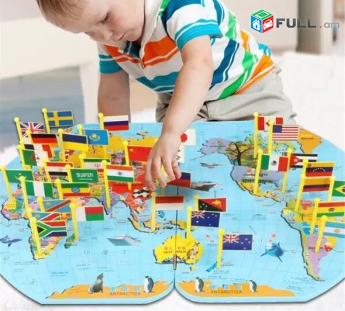 Մանկական զարգացնող խաղ "Աշխարհի քարտեզ", փայտից