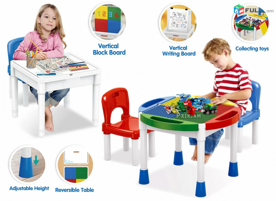 Մանկական խաղալիք սեղան 5-ը 1-ում, 2 աթոռով լեգոի սեղան և գրասեղան Legoi sexan mankakan Стол для лего