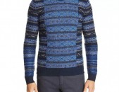 BOSS Hugo Boss Mens Blue Wool Patterned Ribbed Trim Crewneck Sweater M size