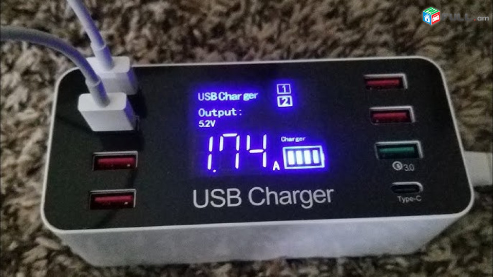 Լիցքավորման կայան 8 Port Hub smart usb charging station, phone quick charger 40W, Էկրանով լիցքավորիչ