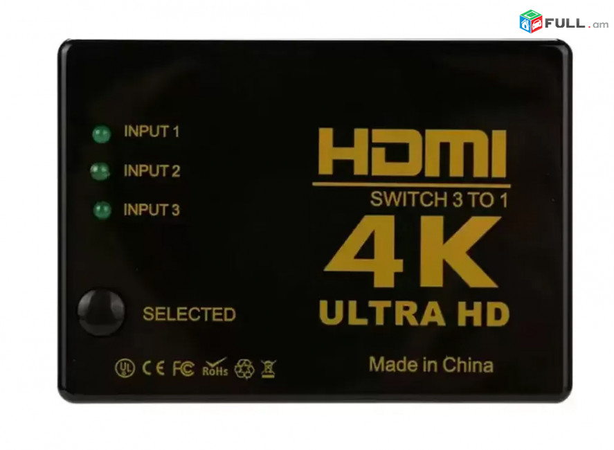 HDMI Switch 4K, 1080P 3 to 1 Splitter Hub + Remote Control - + Пульт