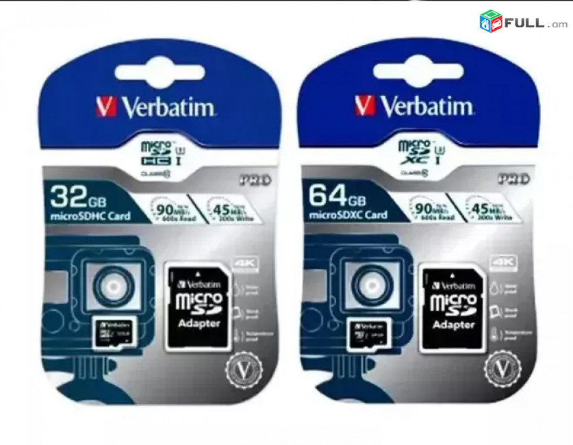 MicroSD Micro SD 32GB, 64GB Card for 4K Video Verbatim Pro U3 600x