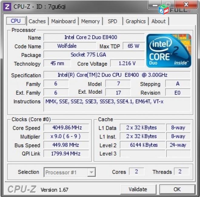cpu processor Процессор Intel Core 2 Duo E8400 Wolfdale (3000MHz, LGA775, L2 6144Kb, 1333MHz)