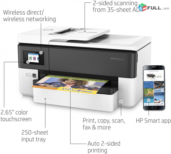 A3 printer HP OfficeJet PRO 7720 Whide format A4 scanner,xerox, WIFI, LAN Նոր, երաշխիք