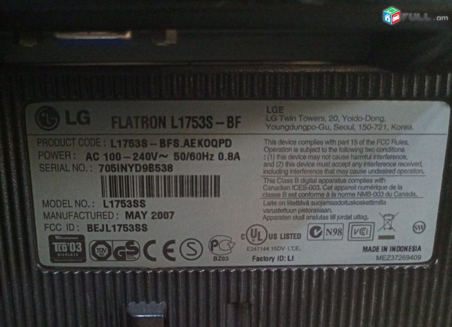 LG FLATRON L1753S-BF (L1753SS) AC 100-240V, 50-60Hz, 0.8A