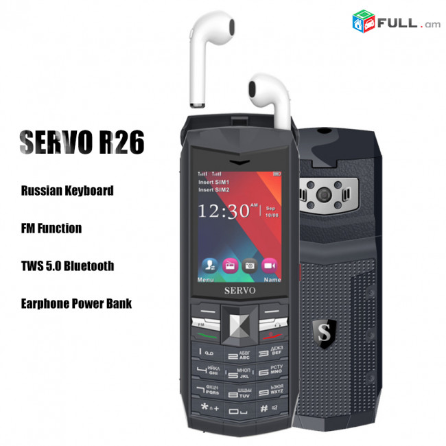 Оригинальный SERVO R26 2,4 "Мобильный телефон с TWS 5.0 Bluetooth для беспроводных наушников 3000mAh Power Bank GSM GPRS 2 SIM-карта мобильного телефона