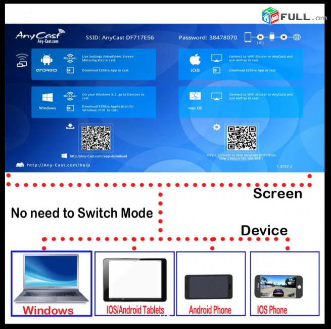 AnyCast Mirascreen Smart 4K UHD Wireless Display mirroring 5GHz HDMI Any Cast Պրոյեկտոր Projector Slide
