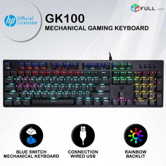 HP GK100 Wired Full Size RGM Backlit Mechanical Gaming Keyboard metal